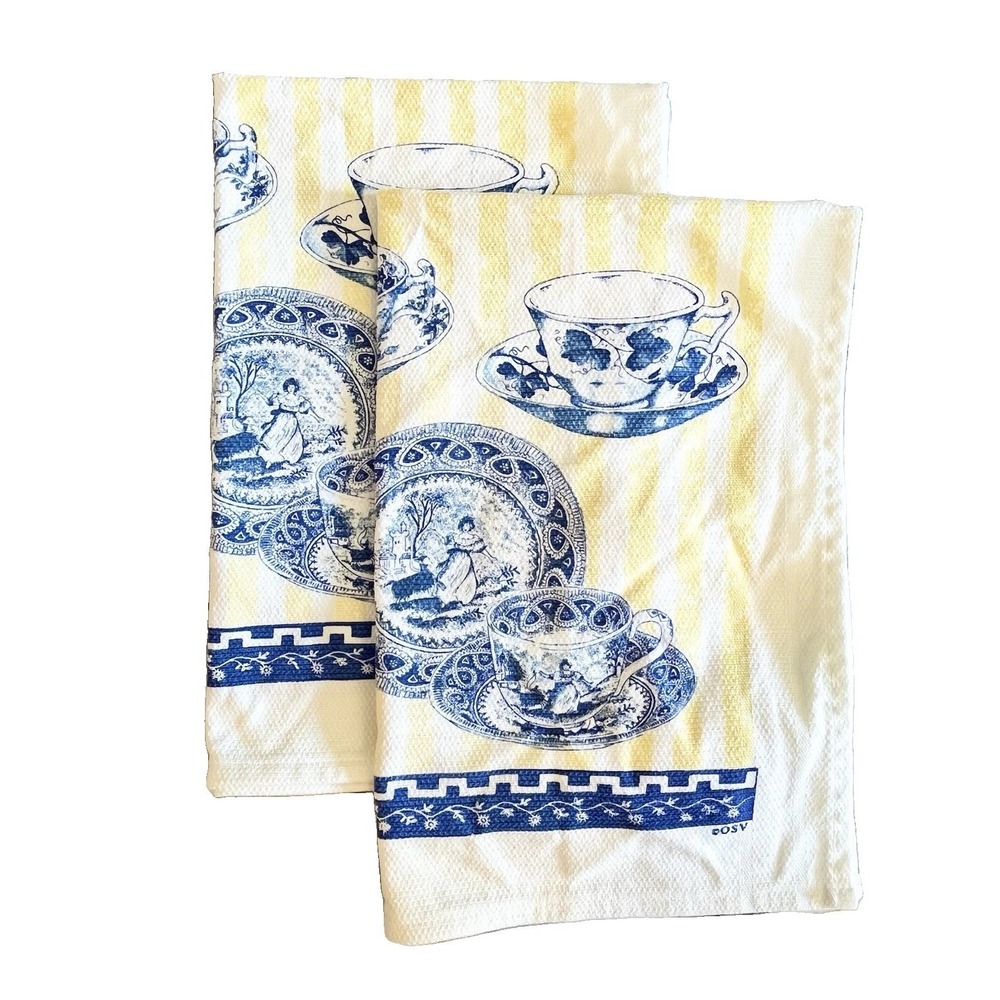 Winterthur Reproduction‎ Print Tea Towel Cottage Core Set Of 2 Blue Yellow